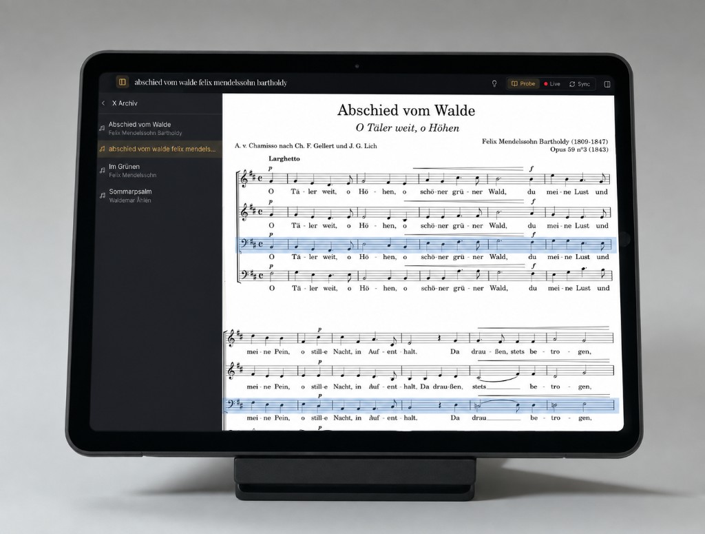 Cantivo auf dem Tablet — Partitur mit Archiv und Probenmodus